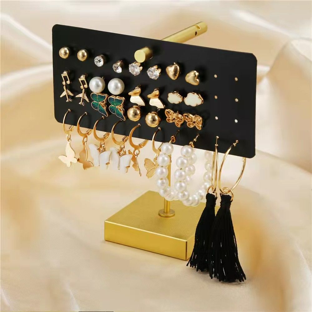 34 Pieces WOW! Fashion Stunning Earrings For Beautiful Girls Women's Fashion Accessories Jewellery Earrings Creative 17 Pairs Combination Note Pearl Breathtaking Earrings Sets Gold as picture