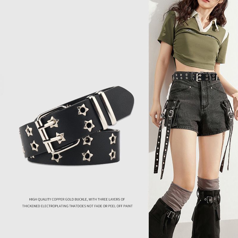 Star porous American wide waistband for women and men 2024 new jeans with a niche design y2k white belt black 100cm