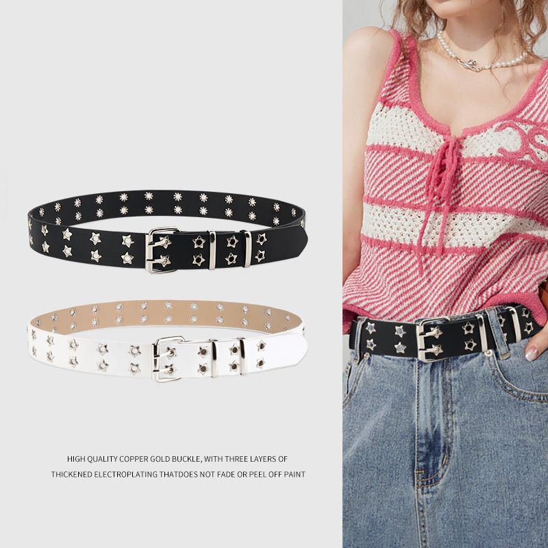 Star porous American wide waistband for women and men 2024 new jeans with a niche design y2k white belt black 100cm