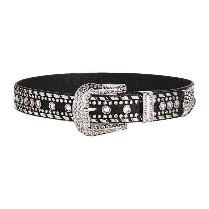 Diamond Belt y2k Spicy Girl Belt Black Punk Pants Accessories Rivet Diamond American White Wide High Street Female Style_1 AS PICTURE