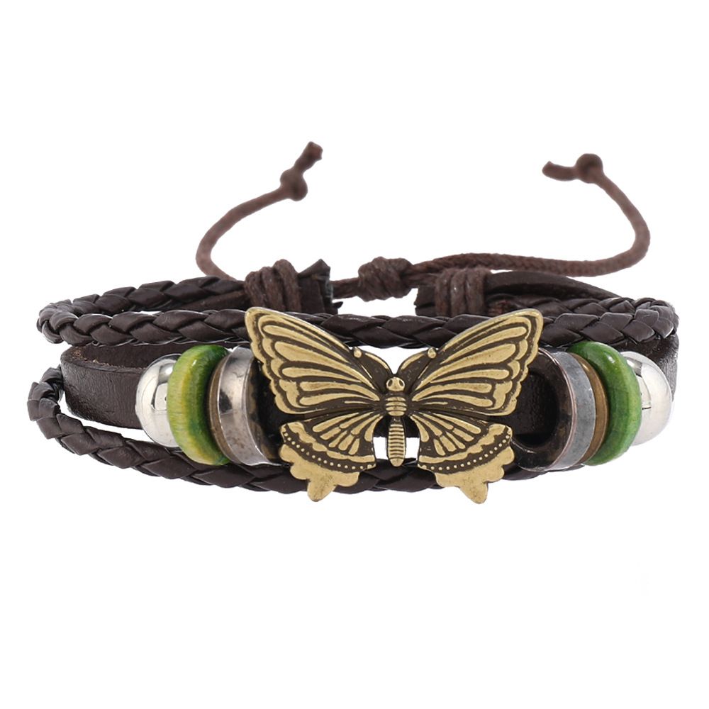 Cross border fashion selling butterfly, plum blossom, pine stone, chicken wings, wooden hand woven personalized bracelet six piece set in Africa multicolored-2 sets Regular Number