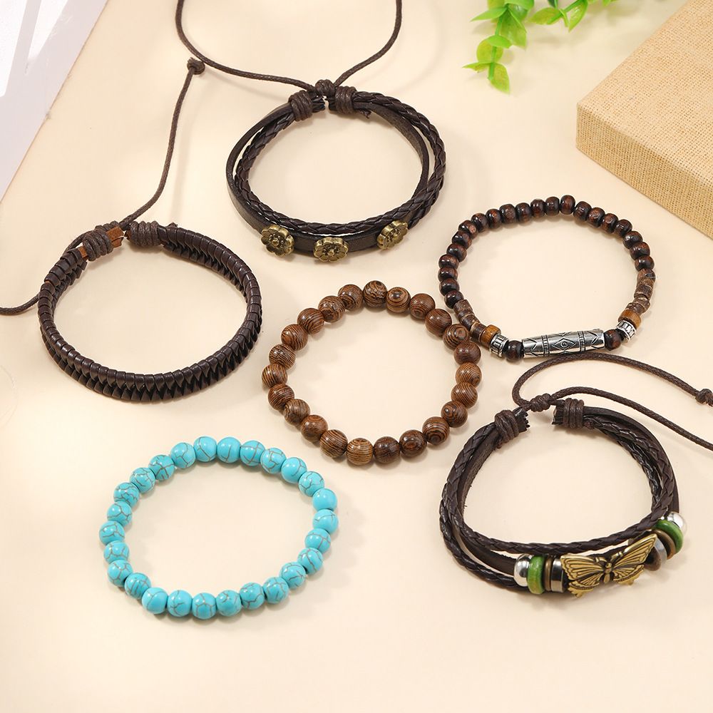 Cross border fashion selling butterfly, plum blossom, pine stone, chicken wings, wooden hand woven personalized bracelet six piece set in Africa multicolored-2 sets Regular Number
