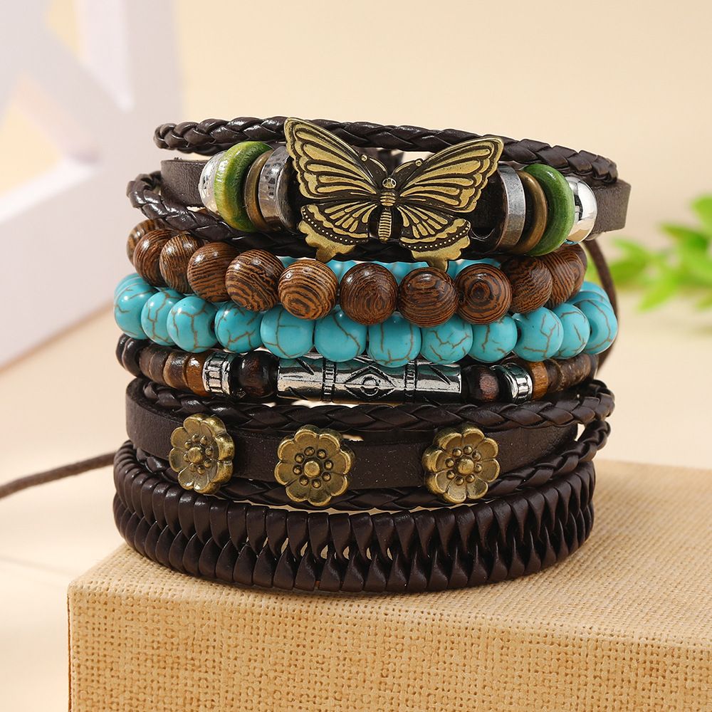 Cross border fashion selling butterfly, plum blossom, pine stone, chicken wings, wooden hand woven personalized bracelet six piece set in Africa multicolored-2 sets Regular Number
