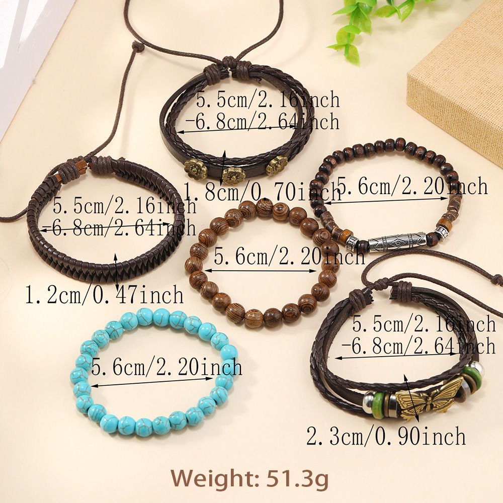 Cross border fashion selling butterfly, plum blossom, pine stone, chicken wings, wooden hand woven personalized bracelet six piece set in Africa multicolored-2 sets Regular Number
