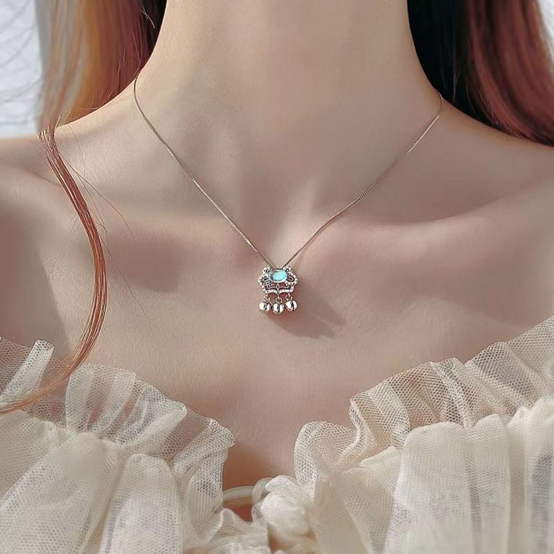 925 Silver Plated Safe Bell Crystal Pendant Blue Moonlight Stone Ruyi Safe Long Life Lock Short Necklace for Women Pendant+Chain AS PICTURE
