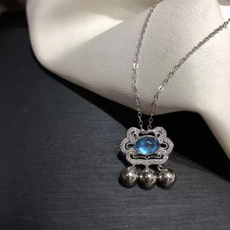 925 Silver Plated Safe Bell Crystal Pendant Blue Moonlight Stone Ruyi Safe Long Life Lock Short Necklace for Women Pendant+Chain AS PICTURE