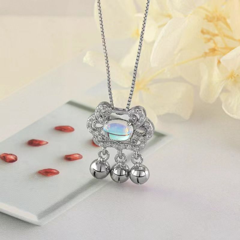 925 Silver Plated Safe Bell Crystal Pendant Blue Moonlight Stone Ruyi Safe Long Life Lock Short Necklace for Women Pendant+Chain AS PICTURE