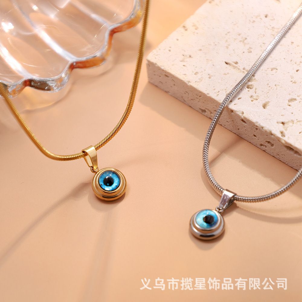 2*PC European and American Angel's Eye Titanium Steel Necklace Men's Gold Plated Exquisite Clavicle Chain Personalized Light Luxury Original Design Jewelry Wholesale Style_1 AS PICTURE