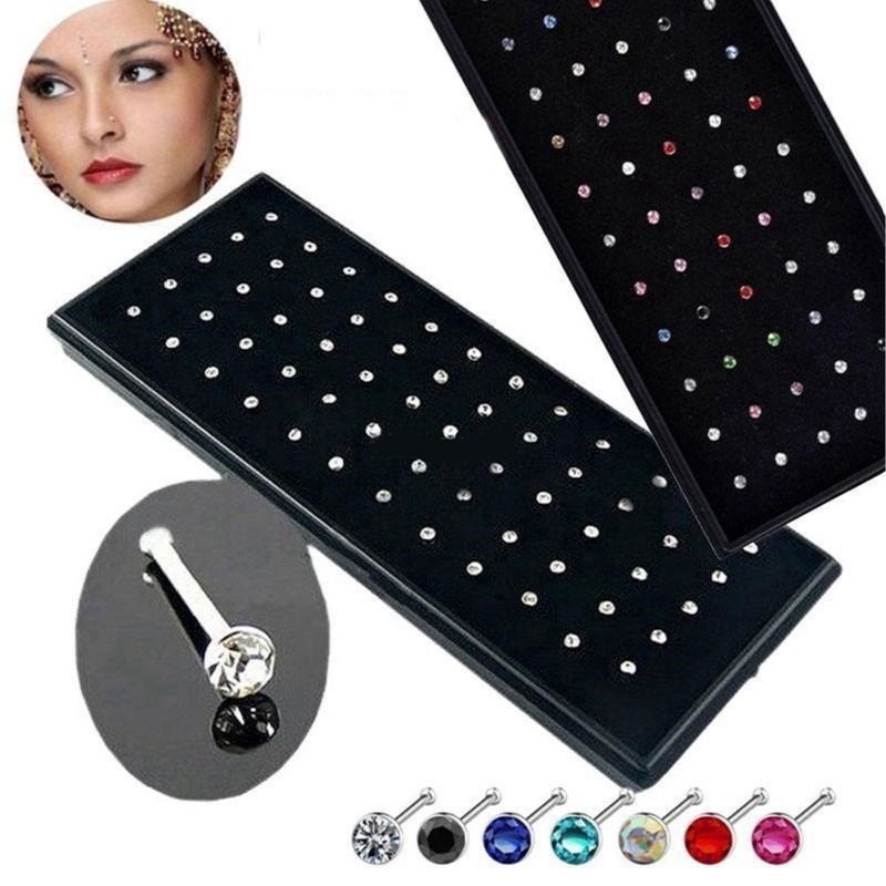 60 pieces∕pack Stainless Steel Crystal Nose Ring Set Women Girl Surgical Steel Multicolor 60PCS/Set