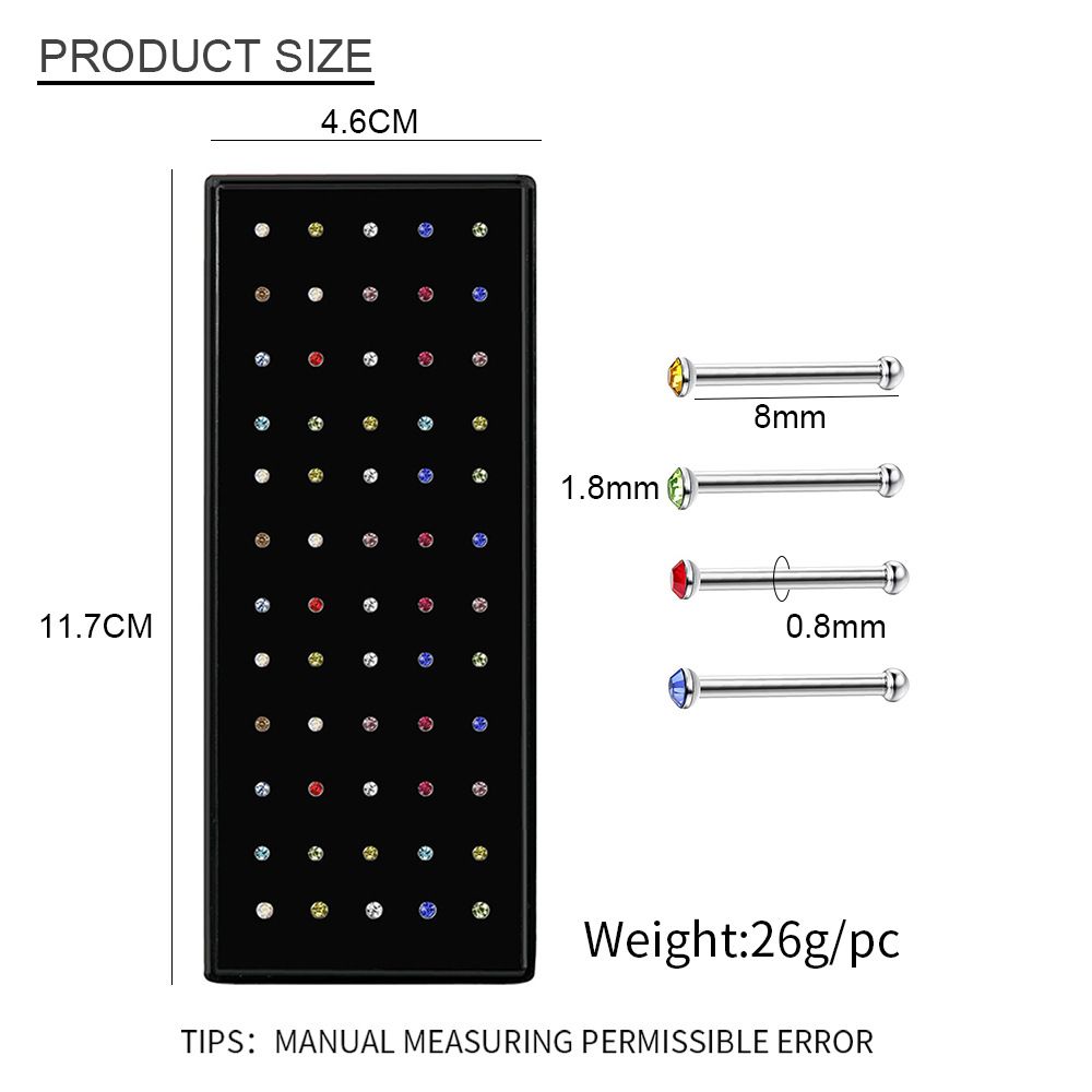 60 pieces∕pack Stainless Steel Crystal Nose Ring Set Women Girl Surgical Steel Multicolor 60PCS/Set