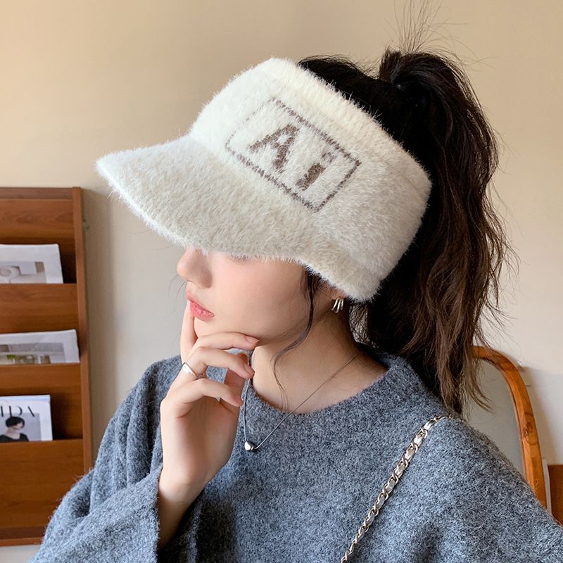 2*PC New Winter Plush Ear Protector Duck Tongue Hat for Women, Korean Style, Unparalleled, Versatile, Empty Top, Can Tie Ponytail, Warm Baseball Hat Style_1 56-62CM (high elasticity)