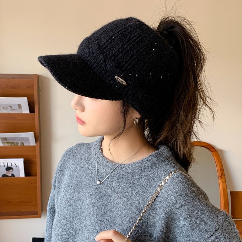2*PC New Winter Plush Ear Protector Duck Tongue Hat for Women, Korean Style, Unparalleled, Versatile, Empty Top, Can Tie Ponytail, Warm Baseball Hat Style_1 56-62CM (high elasticity)