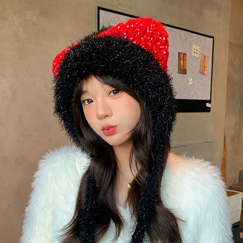 Hats for women autumn and winter cute plush Cat's ears (Steamed cat-ear shaped bread) hat color matching warm tie Lei Feng hat wool knitting wool hat Style_1 56-62CM