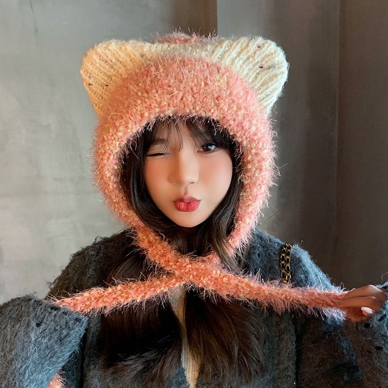 Hats for women autumn and winter cute plush Cat's ears (Steamed cat-ear shaped bread) hat color matching warm tie Lei Feng hat wool knitting wool hat Style_1 56-62CM