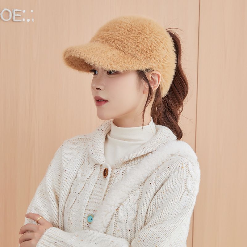 Autumn and winter warm baseball cap, women's high ponytail knitted duckbill cap, cycling cold protection, ear protection, empty top hat, trendy Style_1 one size fits all