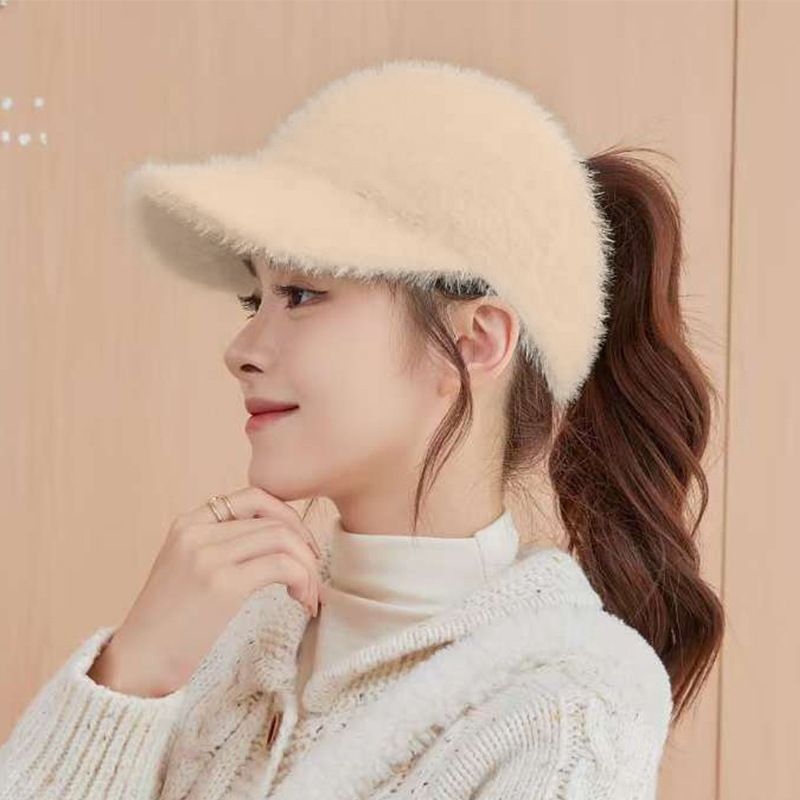 Autumn and winter warm baseball cap, women's high ponytail knitted duckbill cap, cycling cold protection, ear protection, empty top hat, trendy Style_1 one size fits all