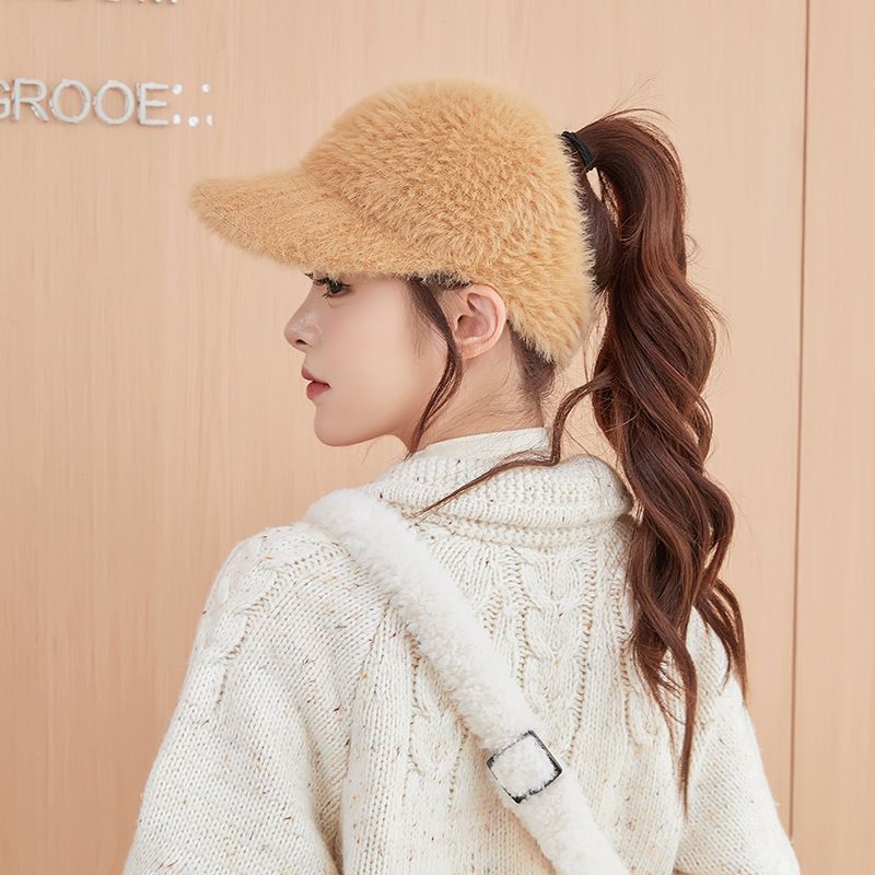 Autumn and winter warm baseball cap, women's high ponytail knitted duckbill cap, cycling cold protection, ear protection, empty top hat, trendy Style_1 one size fits all