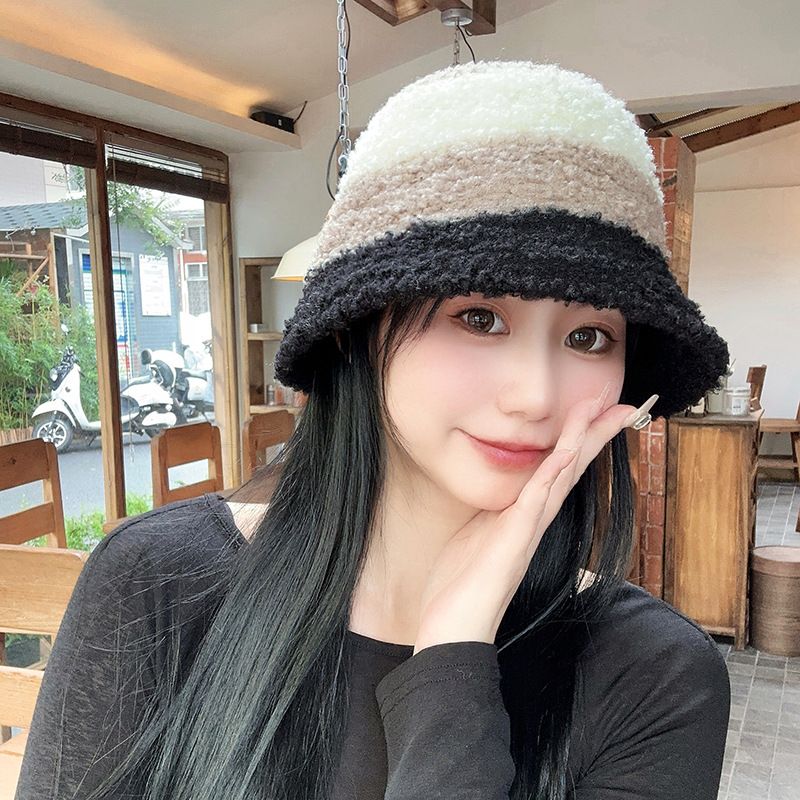 2*PC Striped color blocked knitted fisherman hat women's autumn and winter Korean version ins warm woolen bucket hat looks small and fluffy basin hat Style_1 one size fits all