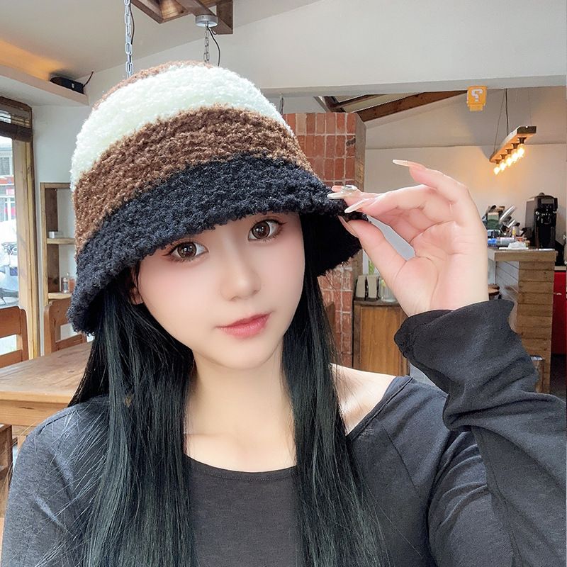 2*PC Striped color blocked knitted fisherman hat women's autumn and winter Korean version ins warm woolen bucket hat looks small and fluffy basin hat Style_1 one size fits all