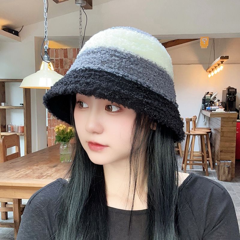 2*PC Striped color blocked knitted fisherman hat women's autumn and winter Korean version ins warm woolen bucket hat looks small and fluffy basin hat Style_1 one size fits all