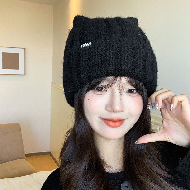 2*PC Korean version of autumn and winter knitting hat Children's fashion letter logo cute Cat's ears (Steamed cat-ear shaped bread) wool hat warm face small pullover hat Style_1 One size fits all (wit