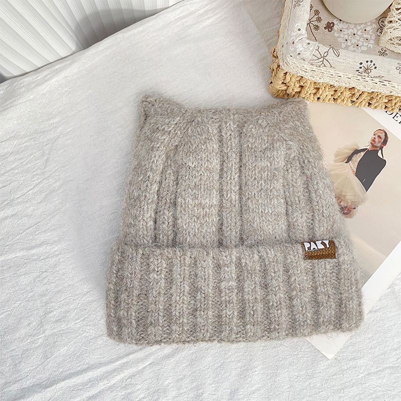 2*PC Korean version of autumn and winter knitting hat Children's fashion letter logo cute Cat's ears (Steamed cat-ear shaped bread) wool hat warm face small pullover hat Style_1 One size fits all (wit