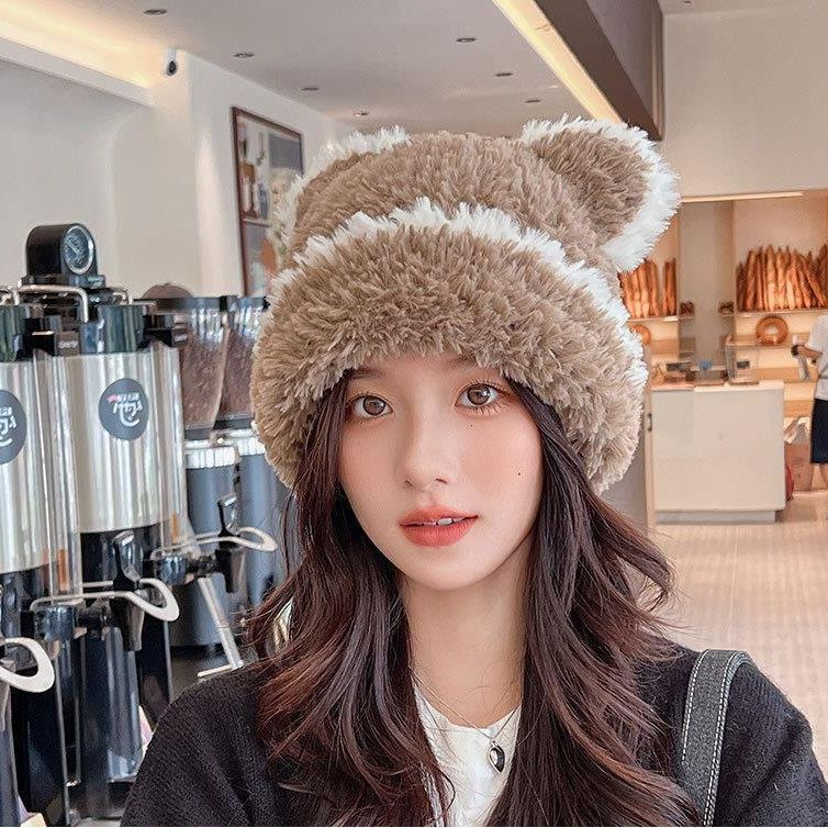 2*PC Plush cute teddy bear ear hat for women, autumn and winter Japanese sweet striped contrasting warm knitted yarn hat Style_1 One size fits all (54-56cm)