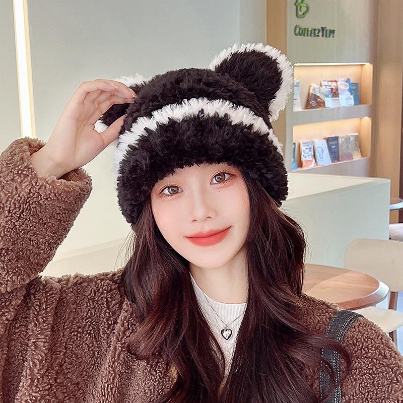 2*PC Plush cute teddy bear ear hat for women, autumn and winter Japanese sweet striped contrasting warm knitted yarn hat Style_1 One size fits all (54-56cm)