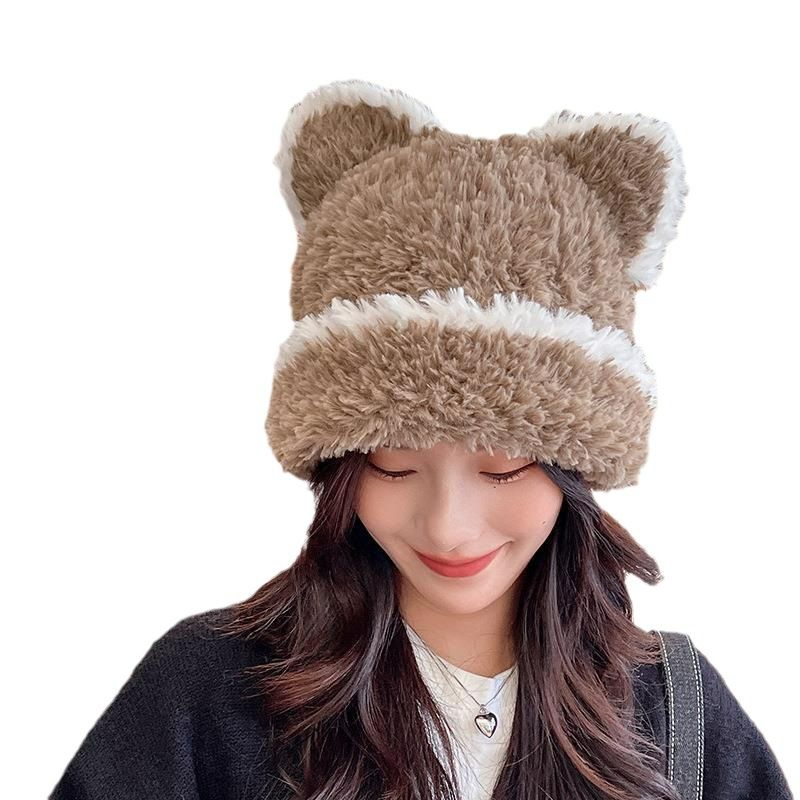 2*PC Plush cute teddy bear ear hat for women, autumn and winter Japanese sweet striped contrasting warm knitted yarn hat Style_1 One size fits all (54-56cm)