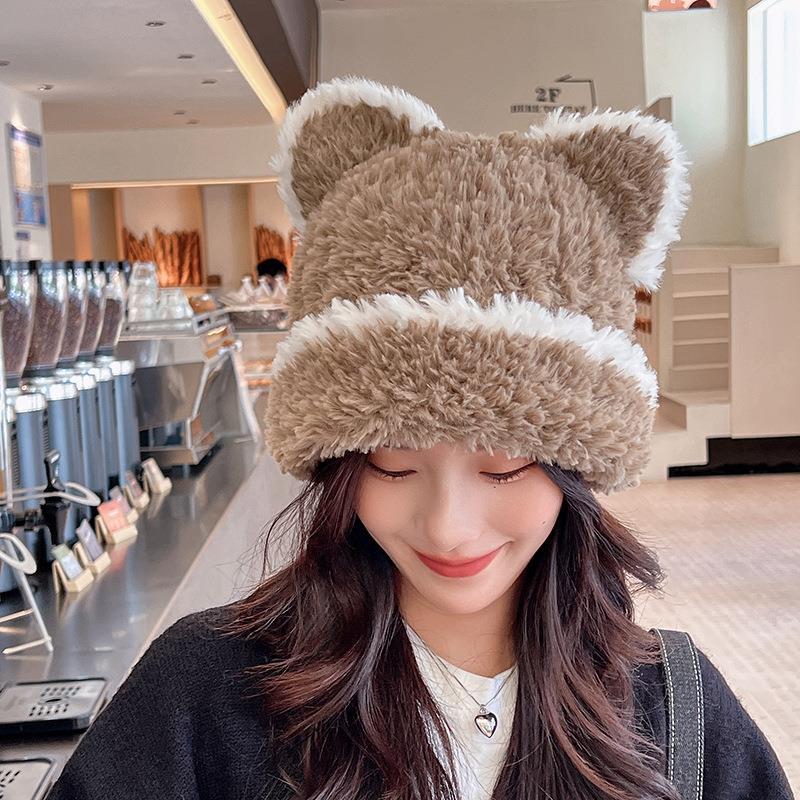 2*PC Plush cute teddy bear ear hat for women, autumn and winter Japanese sweet striped contrasting warm knitted yarn hat Style_1 One size fits all (54-56cm)