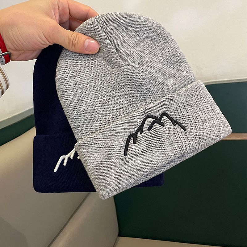 2*PC Japanese style simple embroidery mountain style woolen hat women's autumn and winter pullover knitted hat looks small, outdoor versatile ear protection cold hat Style_1 One size fits all 55-60cm