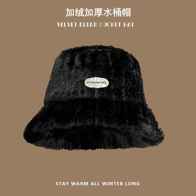2*PC Winter velvet fisherman hat for women, warm and thick plush hat, fashionable and versatile ear protection, big head circumference, bucket hat, basin hat Style_1 One size fits all (56-58cm)