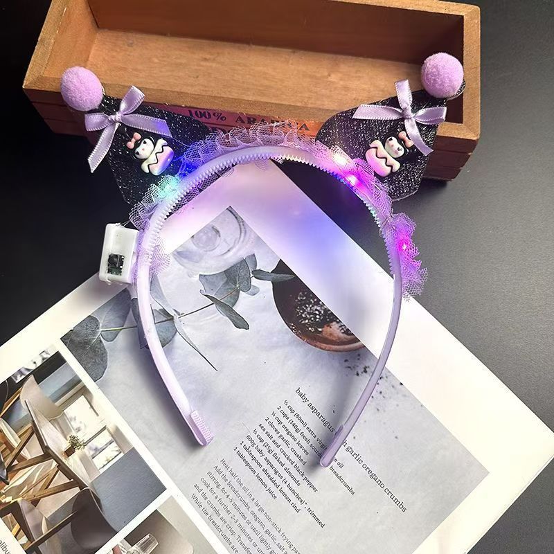 Luminous Kuromi Headband Children's Cartoon Sanrio Cute Bow Hair Accessories Girl High Beauty Headband Stall Style_1 AS PICTURE