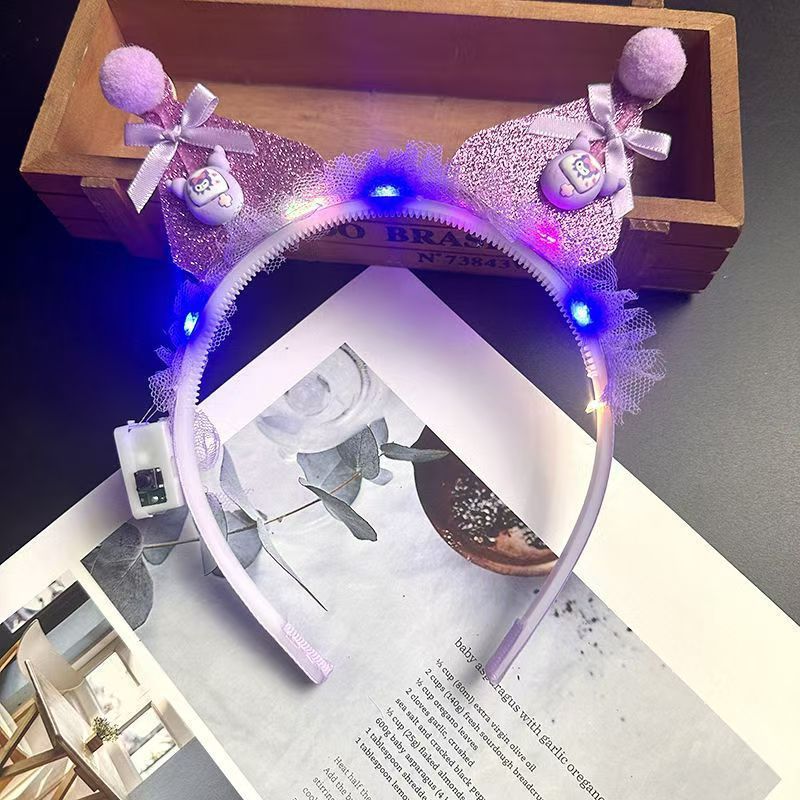 Luminous Kuromi Headband Children's Cartoon Sanrio Cute Bow Hair Accessories Girl High Beauty Headband Stall Style_1 AS PICTURE