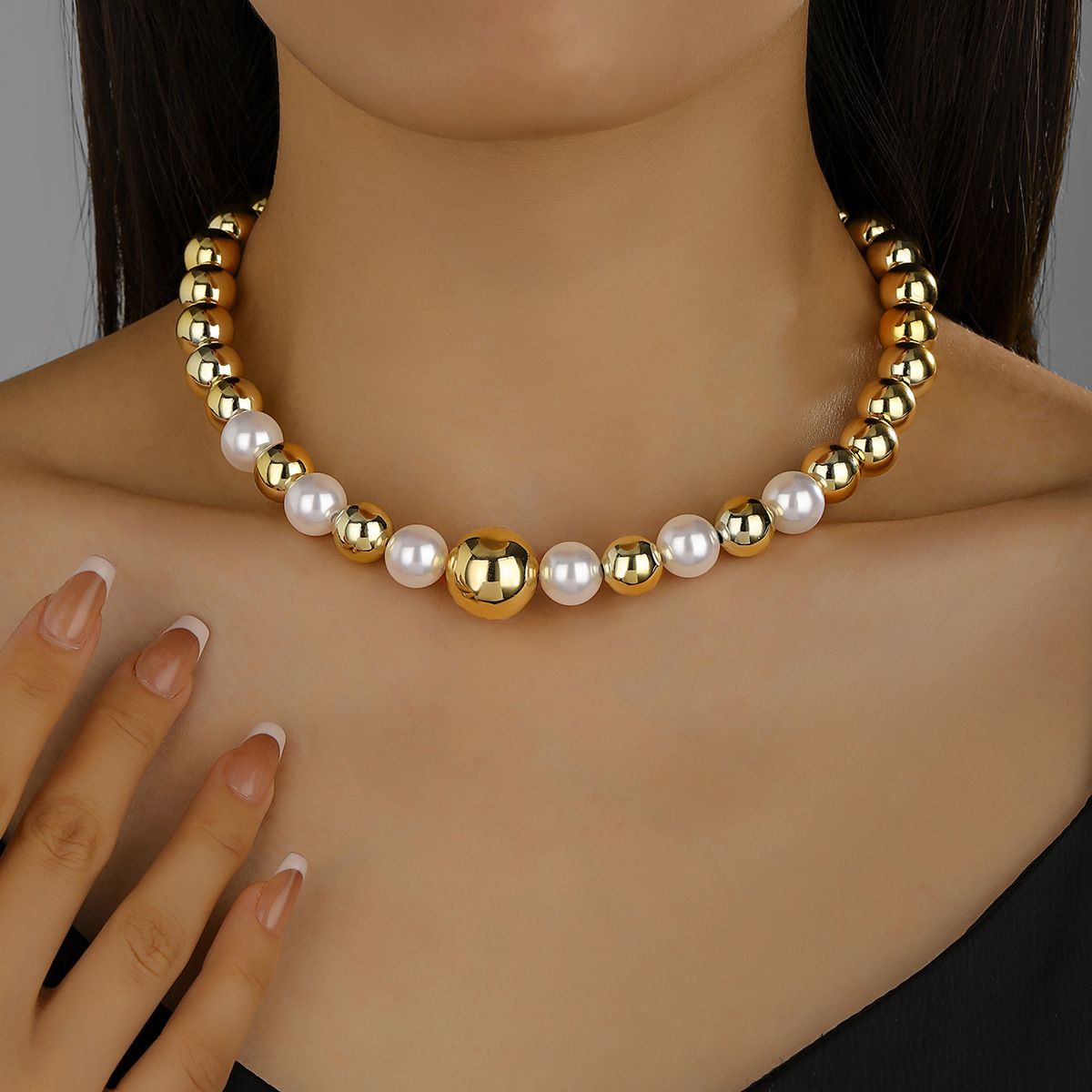 European and American round imitation pearl collar necklace exaggerated large bead punk fashion short collarbone chain choker bracelet as picture