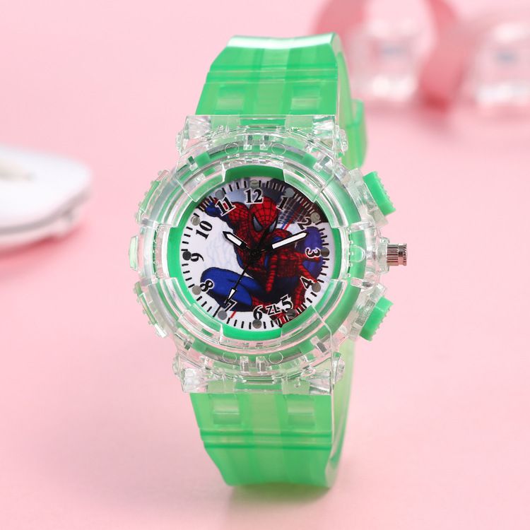 Cross border Marvel Spider Man Children's Watch Colorful LED Flashing Light Pointer Word Recognition Boy Quartz Watch Manufacturer A AS PICTURE