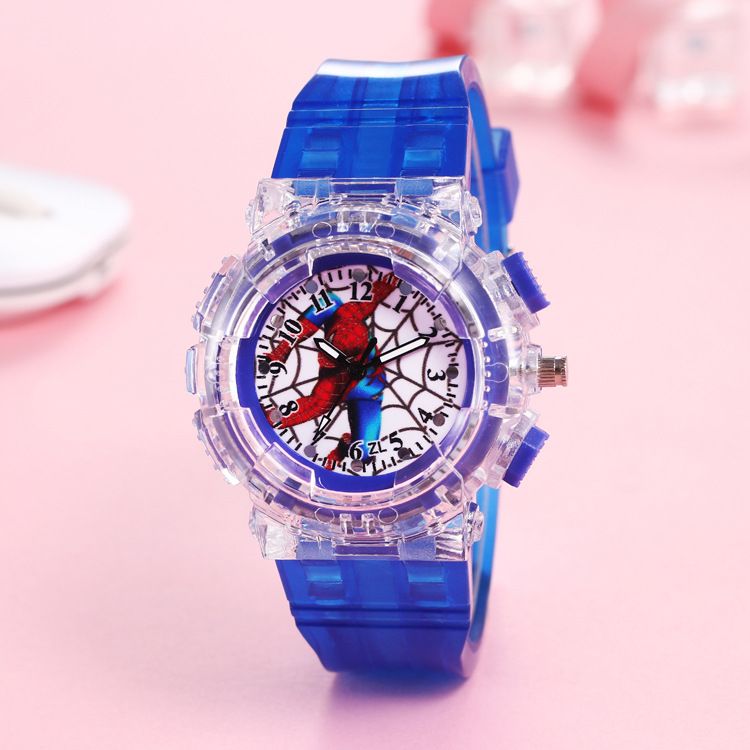 Cross border Marvel Spider Man Children's Watch Colorful LED Flashing Light Pointer Word Recognition Boy Quartz Watch Manufacturer A AS PICTURE