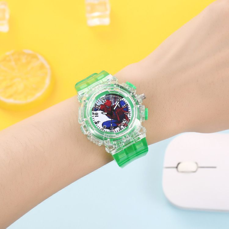 Cross border Marvel Spider Man Children's Watch Colorful LED Flashing Light Pointer Word Recognition Boy Quartz Watch Manufacturer A AS PICTURE