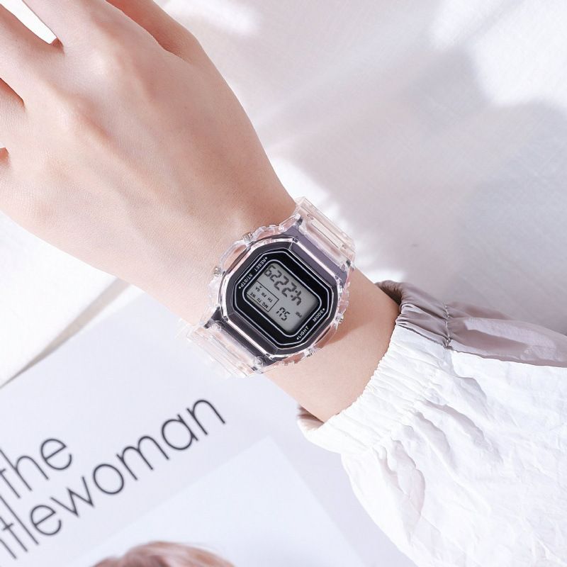 Manufacturer's internet celebrity hot selling sports transparent small square ins electronic watch female student waterproof LED watch white AS PICTURE