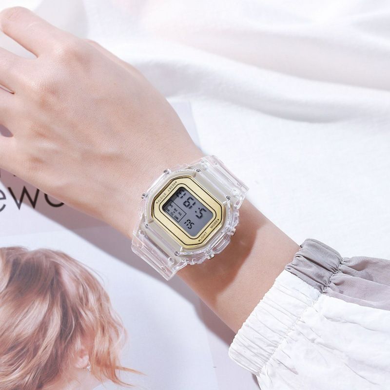 Manufacturer's internet celebrity hot selling sports transparent small square ins electronic watch female student waterproof LED watch white AS PICTURE