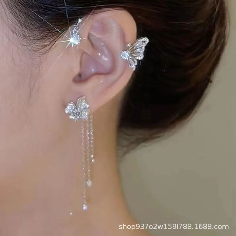Butterfly tassel zircon ear hook without ear hole copper alloy high-end feeling niche light luxury ear bone clip fairy qi ear clip earrings Style_1 925 silver