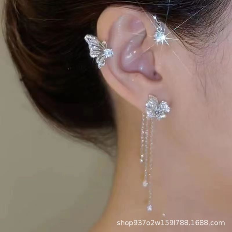 Butterfly tassel zircon ear hook without ear hole copper alloy high-end feeling niche light luxury ear bone clip fairy qi ear clip earrings Style_1 925 silver