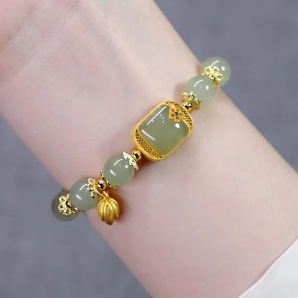 Step by step lotus imitation Hotan Jade bracelet square sugar lotus pendant bracelet high-end atmosphere Tiktok same Chinese style lotus pendant Style_1 AS PICTURE