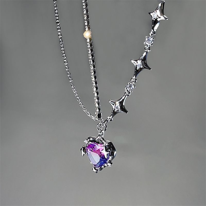 Sweet, Cool, and Spicy Girl with Diamond studded Love Star Necklace, Cold Style Xiang Pendant, Female Fashion Creative Design Sense, Collarbone Chain black AS PICTURE