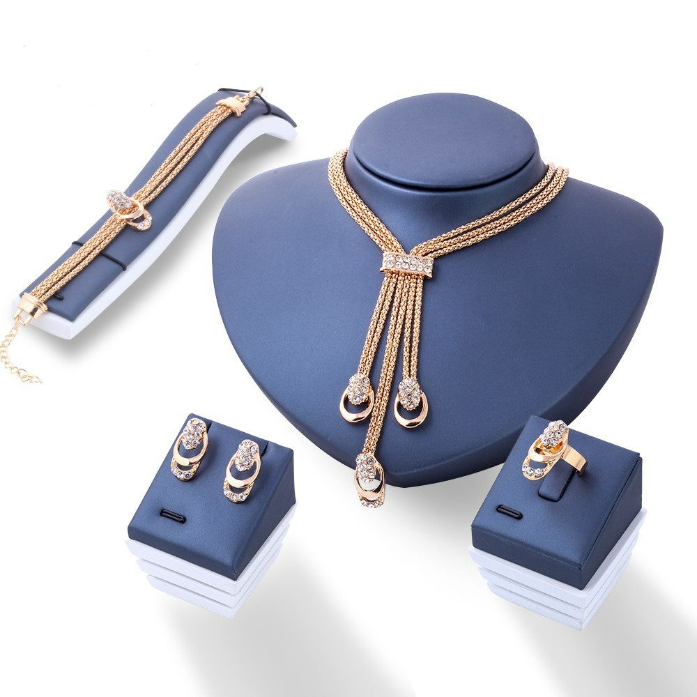 Cross border hot selling gold-plated exaggerated crystal jewelry set creative bridal diamond necklace earrings ring four piece set DD466 AS PICTURE