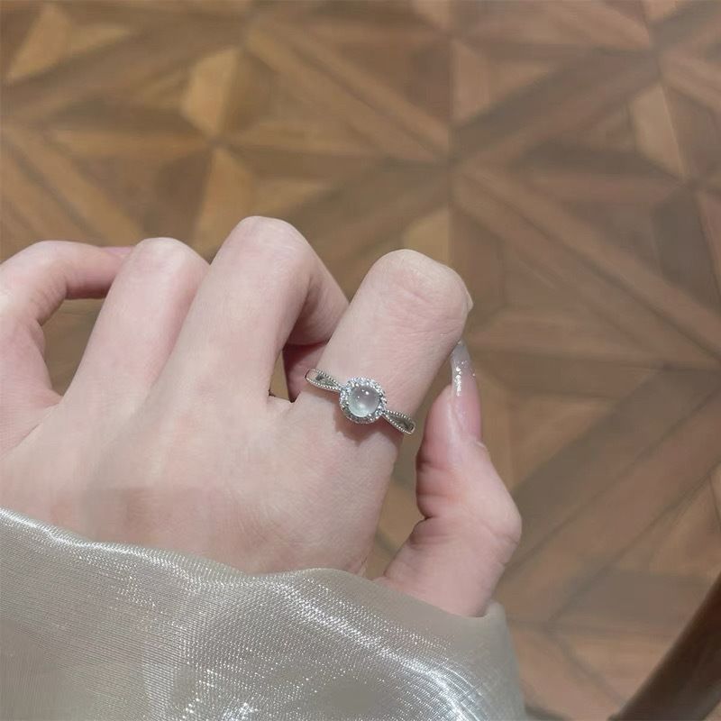 New Chinese style imitation chalcedony circular inlaid zircon ring for women, exquisite white moonlight imitation jade index finger ring in ancient Chinese style Style_1 Adjustable opening