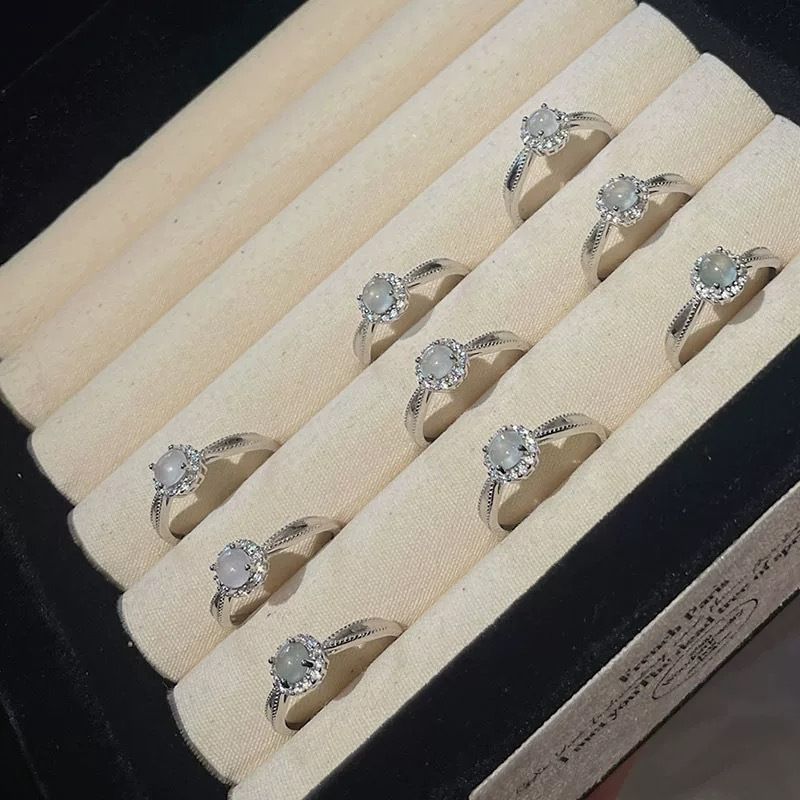 New Chinese style imitation chalcedony circular inlaid zircon ring for women, exquisite white moonlight imitation jade index finger ring in ancient Chinese style Style_1 Adjustable opening