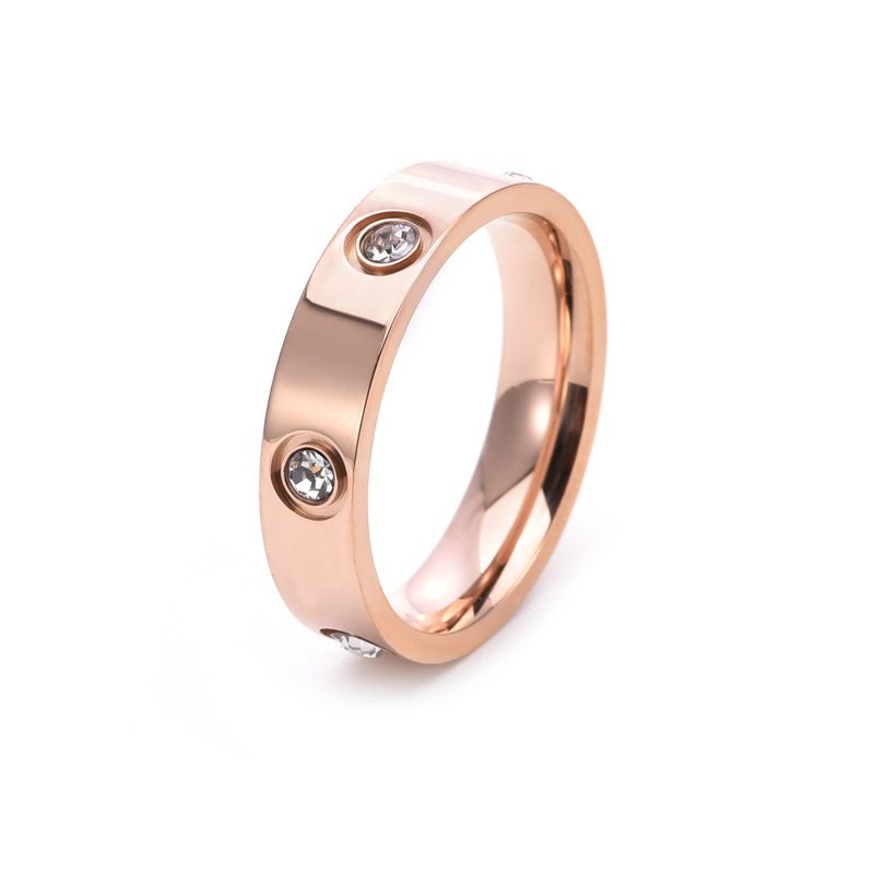 Cross border hot selling six diamond 5mm titanium steel non fading ring live streaming fashion hot selling Instagram style couple pairing ring in stock Golden 5mm Number 5