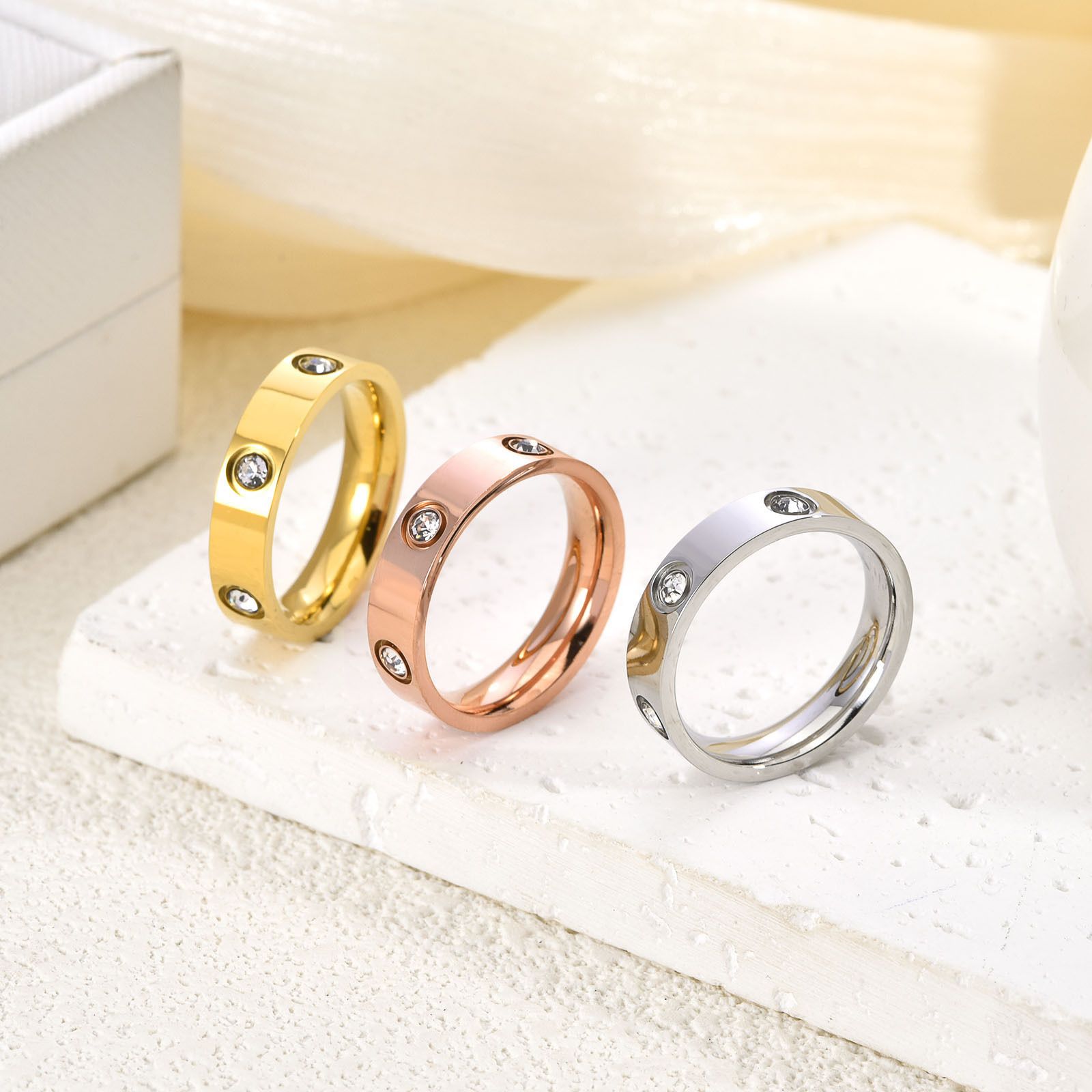 Cross border hot selling six diamond 5mm titanium steel non fading ring live streaming fashion hot selling Instagram style couple pairing ring in stock Golden 5mm Number 5