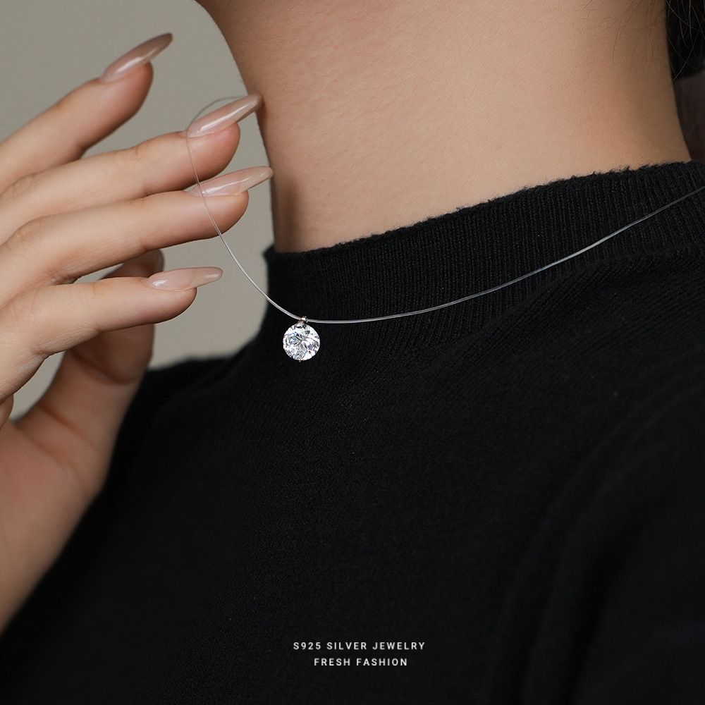 S925 sterling silver mermaid tears moissanite necklace for girls, exquisite zircon invisible fishing line, niche and versatile collarbone chain Style_1 925 silver
